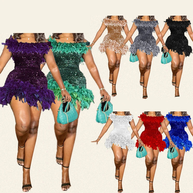 Vesper glänzendes Pailletten Feder Kleid