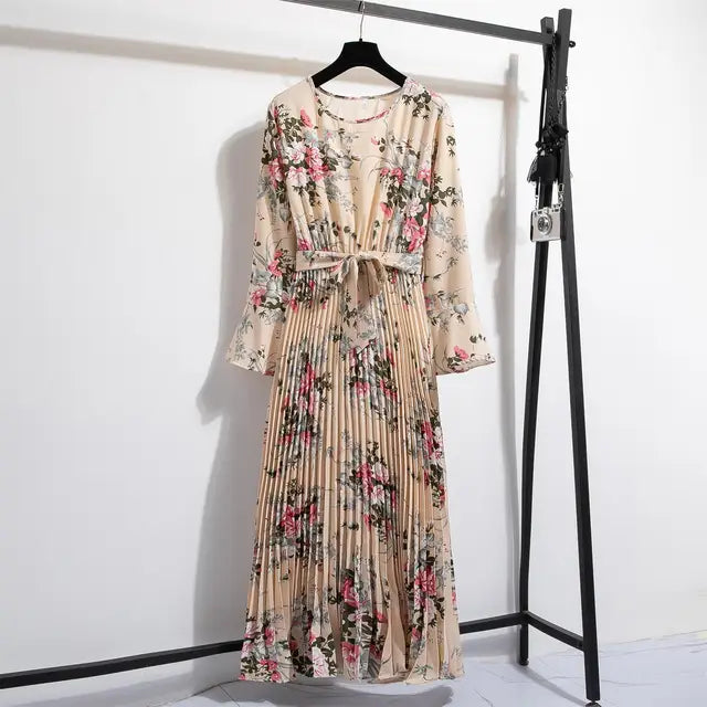 LenteBries Blumenmuster Chiffon langer Kleid mit Gürtel