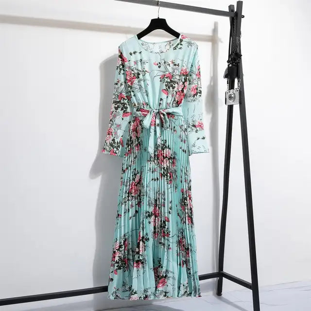 LenteBries Blumenmuster Chiffon langer Kleid mit Gürtel
