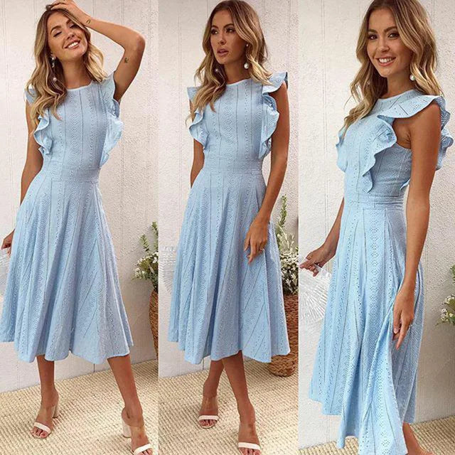 Luna Damen Büro Freizeit Midi A-Linien Kleid