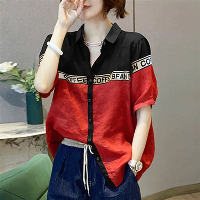 Koreaanse Stijl Letter Print Patchwork Blouse