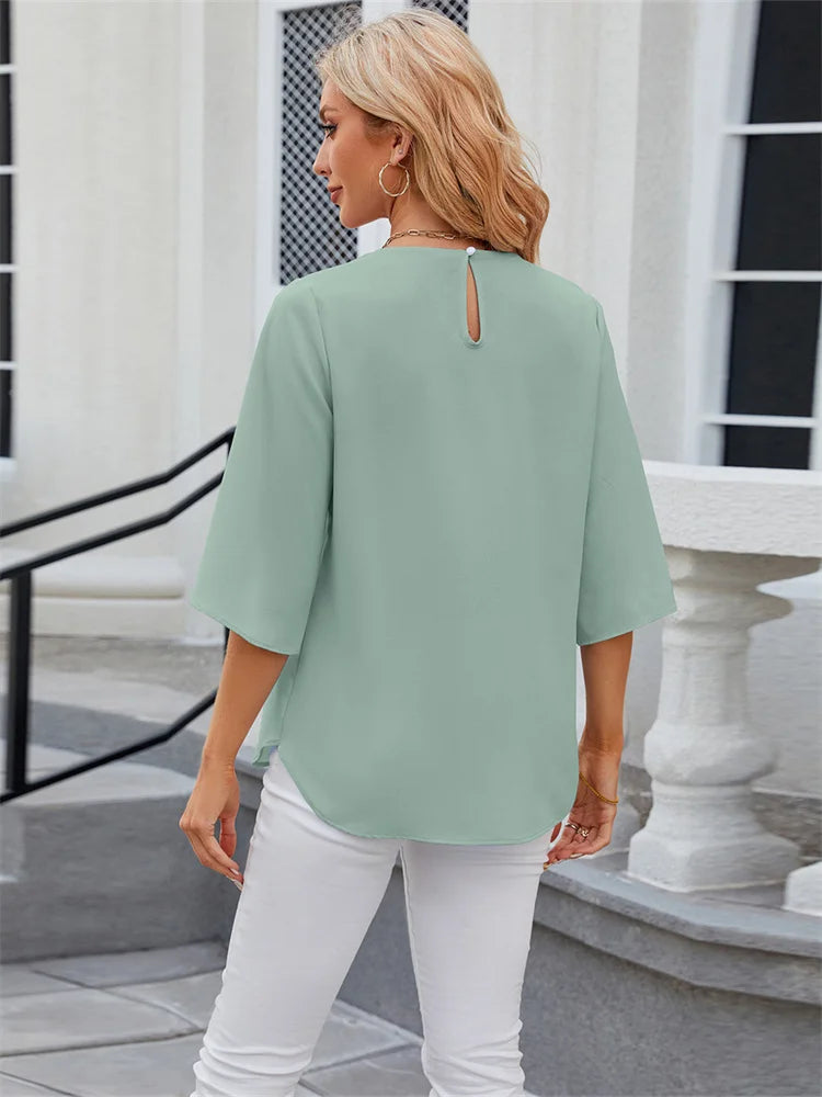 Green Blouse with Half Sleeves and O-Neck for Women