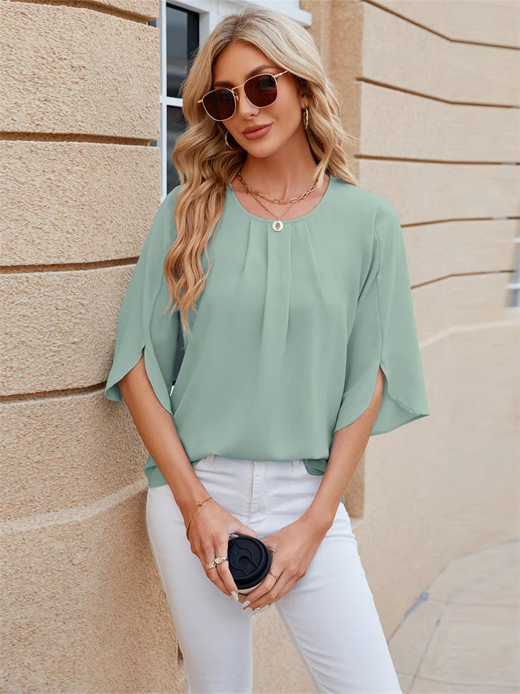 Green Blouse with Half Sleeves and O-Neck for Women