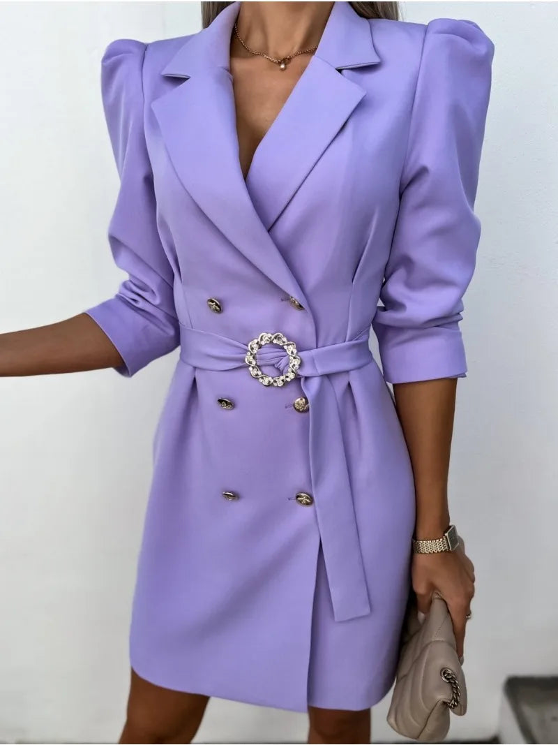 Damen modische elegante legere Passform bequemer Kleid mit langen Ärmeln und Print Kragen Jacke mit Gürtel