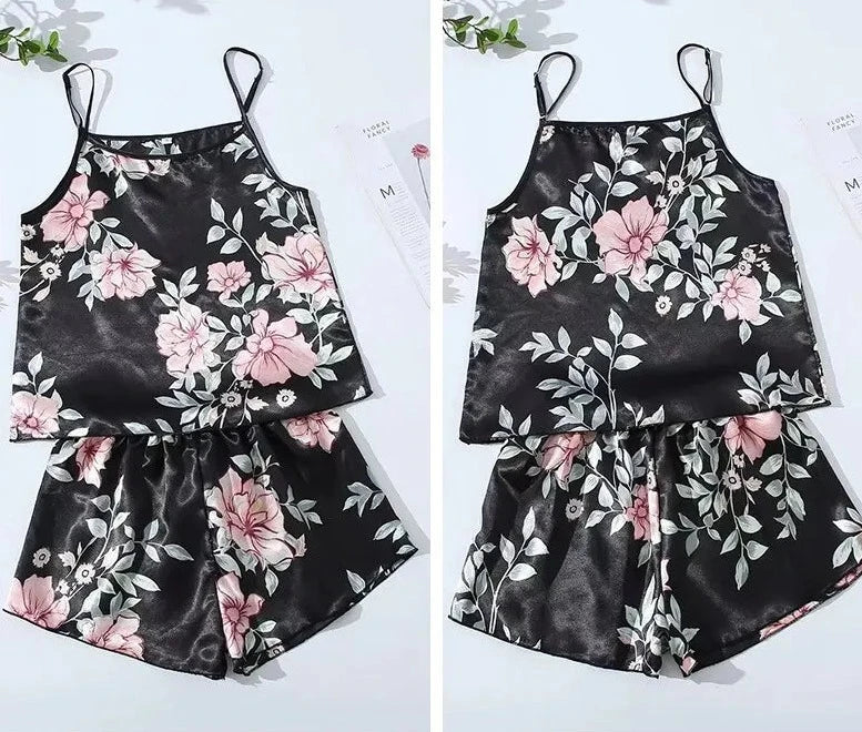 AllureDreams Damen Pyjama Set mit Blumenmuster