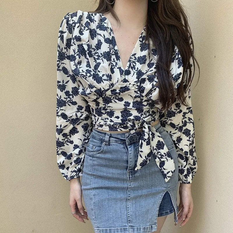 Verleidelijke Franse Bloemenprint V-Hals Shirt