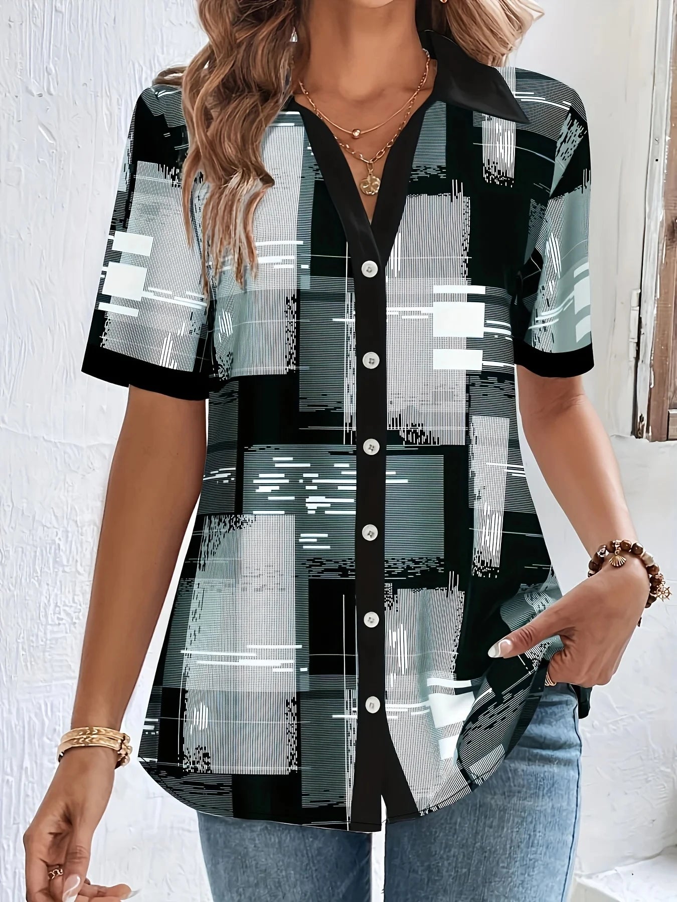 Retro Geometric Print Blouse for Spring and Autumn