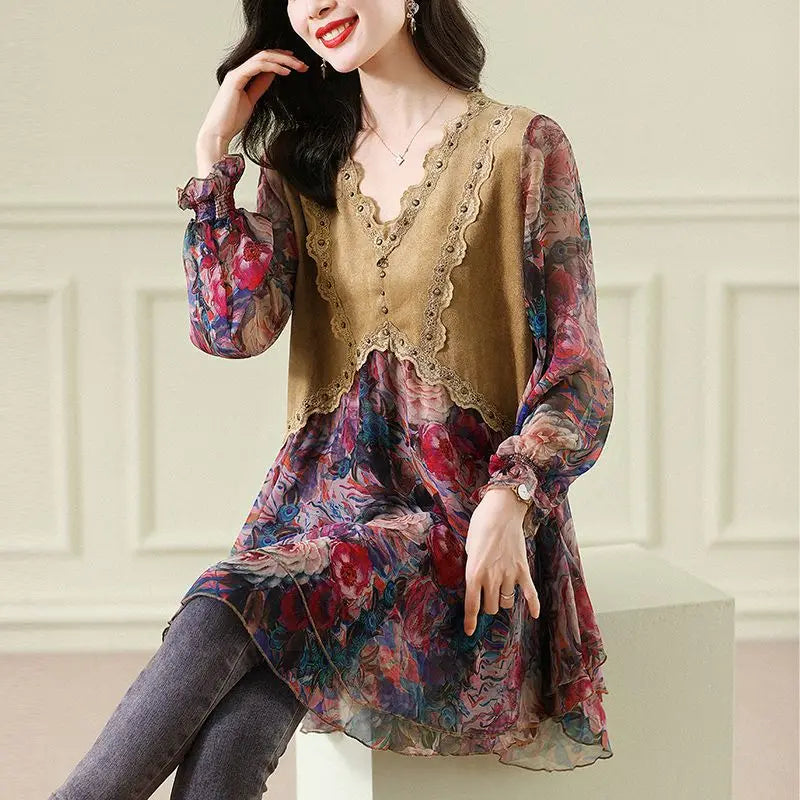 Vintage Midi Jurk met Chiffon en Bloemenpatroon
