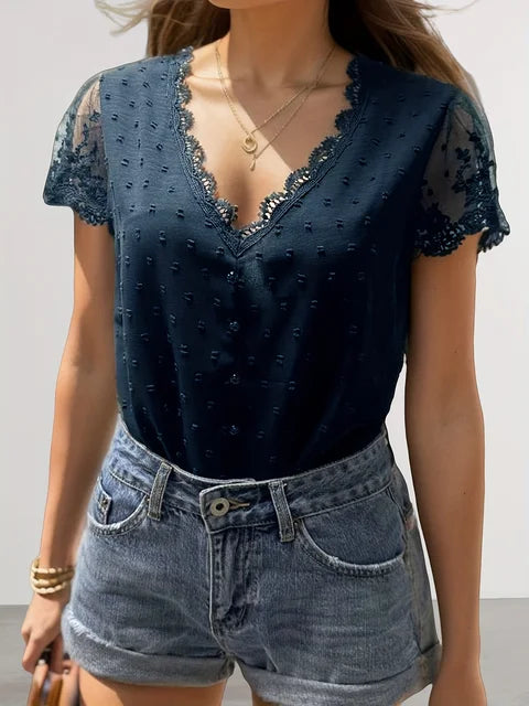 Women's Summer Blouses - Elegant V-neck and Short Sleeves