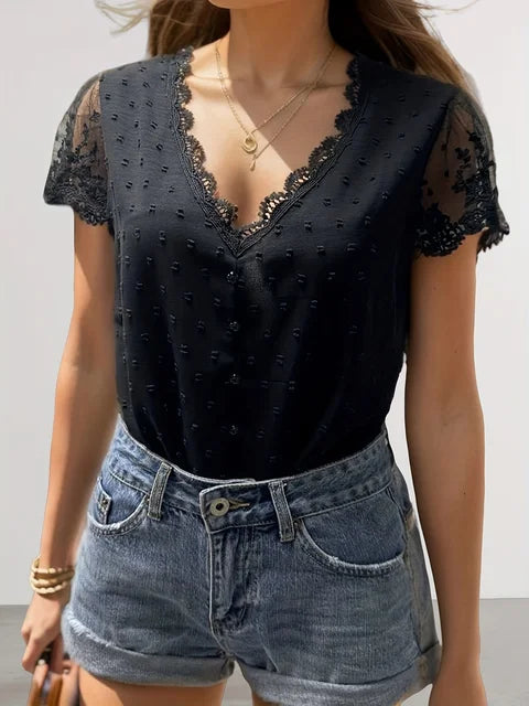 Women's Summer Blouses - Elegant V-neck and Short Sleeves