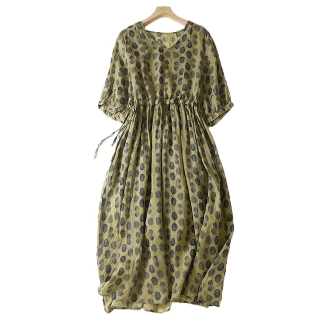Stijlvolle Donkergroene Polka Dot Vintage Jurk met Elastische Taille