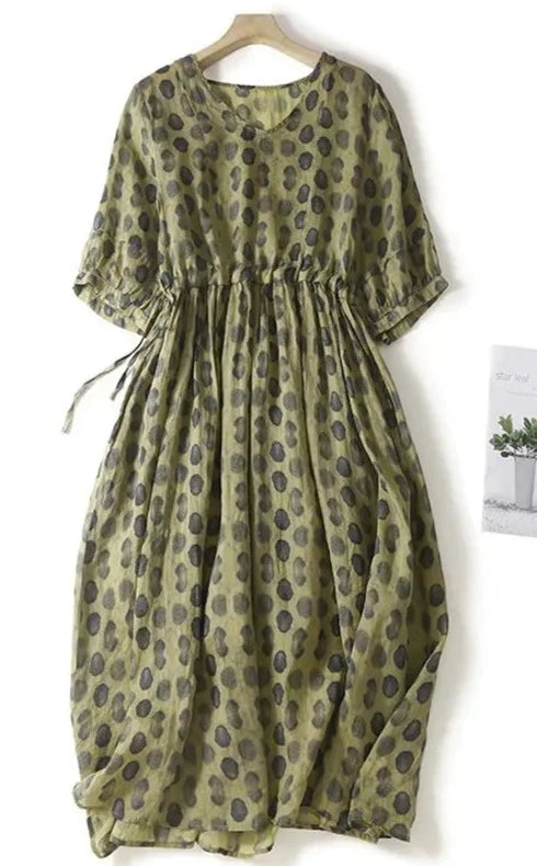 Stijlvolle Donkergroene Polka Dot Vintage Jurk met Elastische Taille