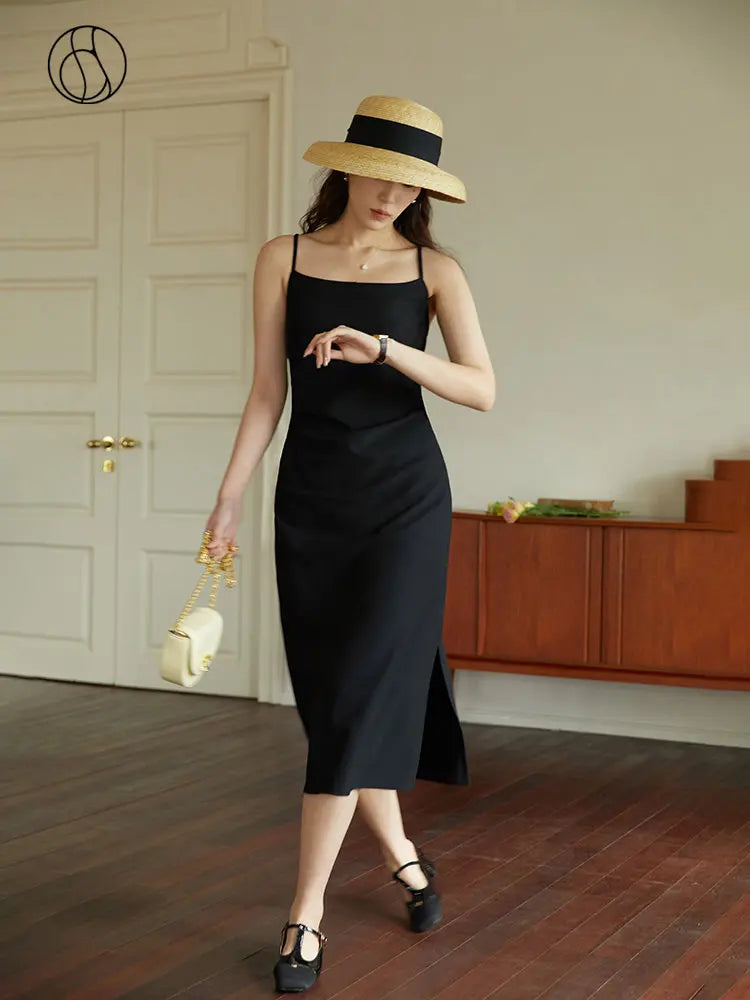 Stilvolle Nächte Lange Schwarze Slipkleid mit Schlitz Design und Verstellbaren Trägern