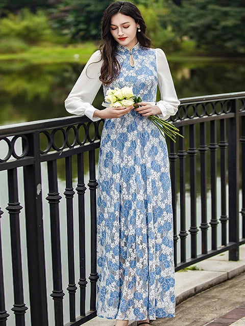 Stilvolles Luxus-Spitzenkleid für Damen - Abendkleid mit langen Ärmeln