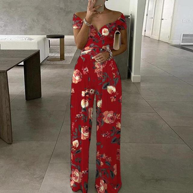 VELANORA Maxi jumpsuit print off-shoulder v-neck