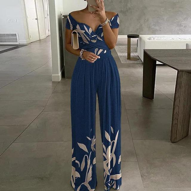 VELANORA Maxi jumpsuit print off-shoulder v-neck