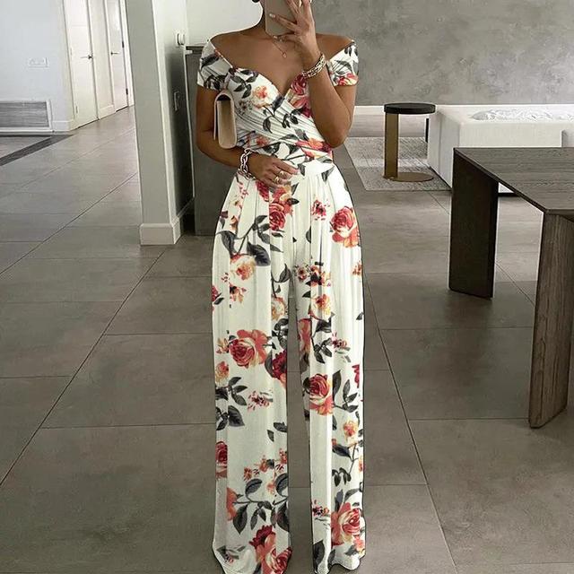 VELANORA Maxi jumpsuit print off-shoulder v-neck