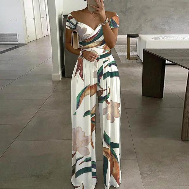 VELANORA Maxi jumpsuit print off-shoulder v-neck