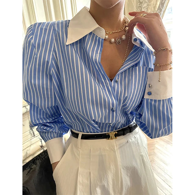 Gestreifte Patchwork-Bluse mit langen Ärmeln für Frauen