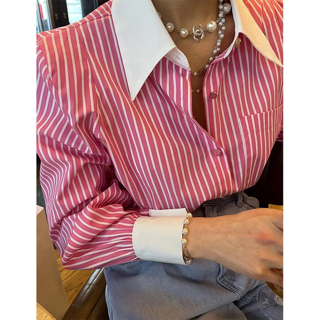 Gestreifte Patchwork-Bluse mit langen Ärmeln für Frauen
