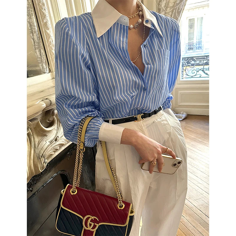 Striped Patchwork Blouse with Long Sleeves for Women