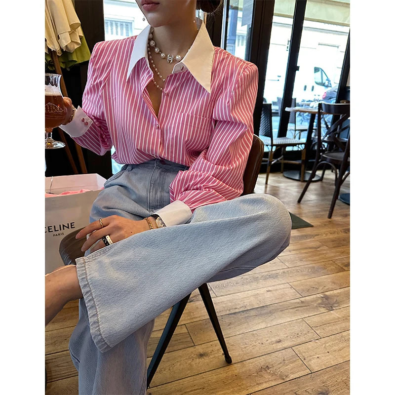 Striped Patchwork Blouse with Long Sleeves for Women