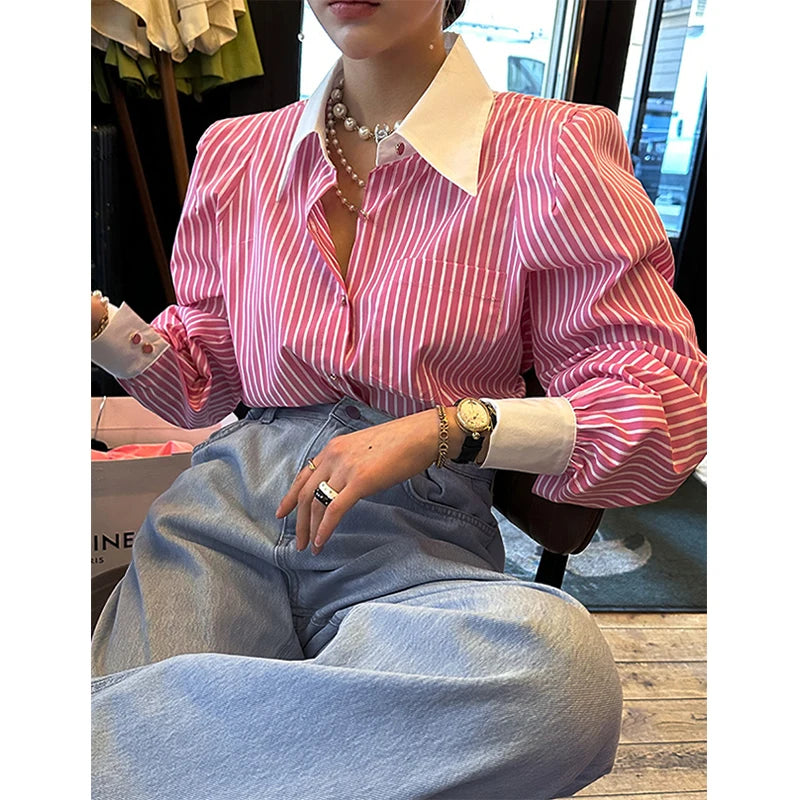 Striped Patchwork Blouse with Long Sleeves for Women