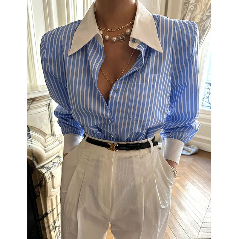 Striped Patchwork Blouse with Long Sleeves for Women