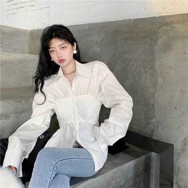 Elegante Patchwork-Bluse - Koreanischer Stil, Fake Zwei Teile, Weiß