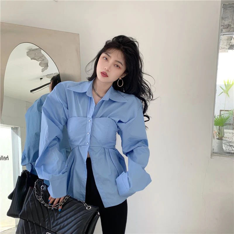 Elegant Patchwork Blouse - Korean Style, Fake Two Pieces, White