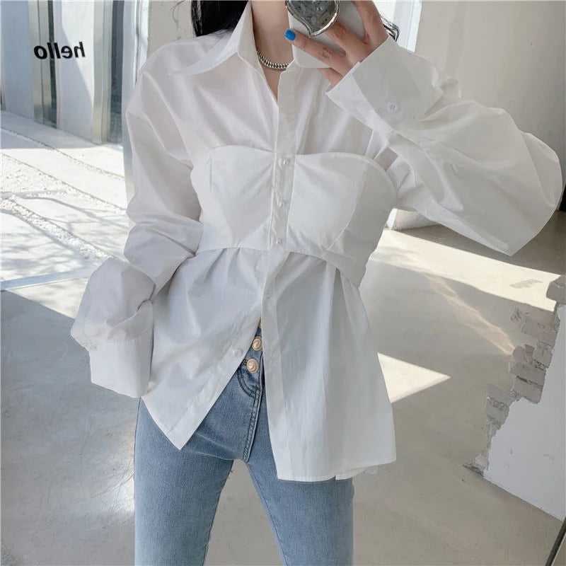 Elegant Patchwork Blouse - Korean Style, Fake Two Pieces, White