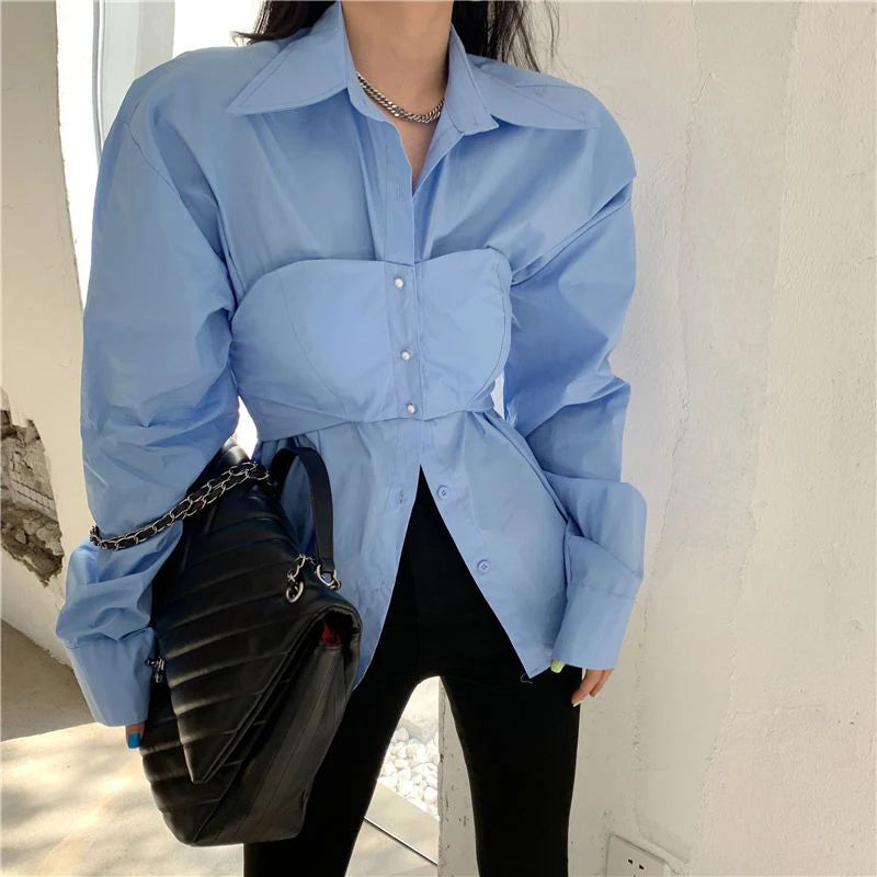Elegant Patchwork Blouse - Korean Style, Fake Two Pieces, White