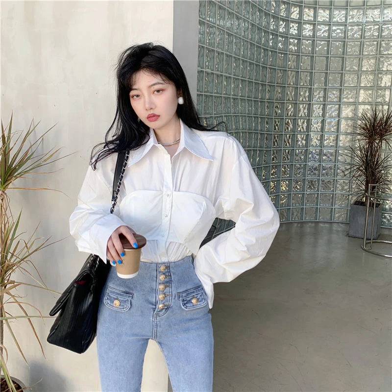 Elegant Patchwork Blouse - Korean Style, Fake Two Pieces, White