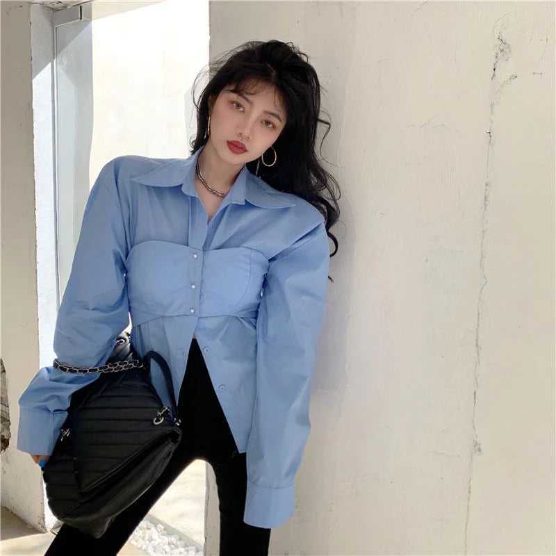 Elegant Patchwork Blouse - Korean Style, Fake Two Pieces, White
