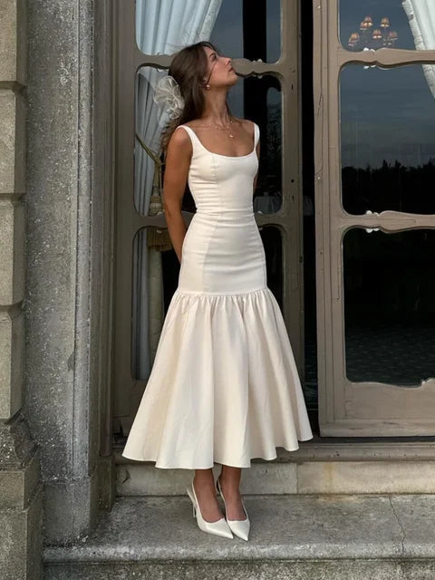 Elegante Ruches Mouwloze Midi Jurk voor Vrouwen
