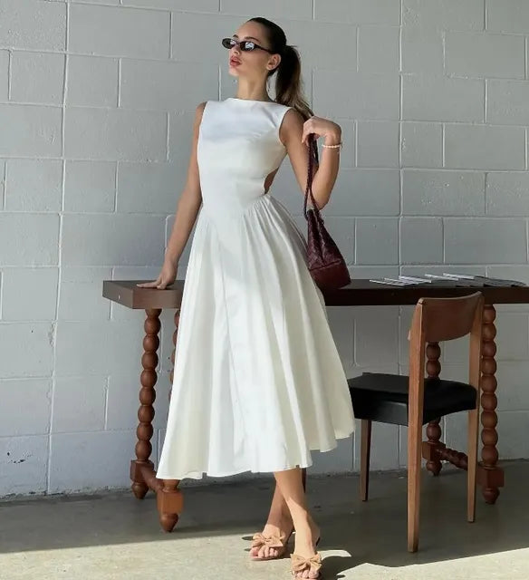 Elegante Ruches Mouwloze Midi Jurk voor Vrouwen