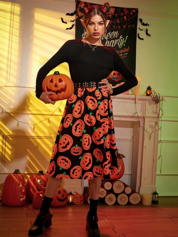 Emilia | Halloween Midi jurk met beangstigende pompoenen print