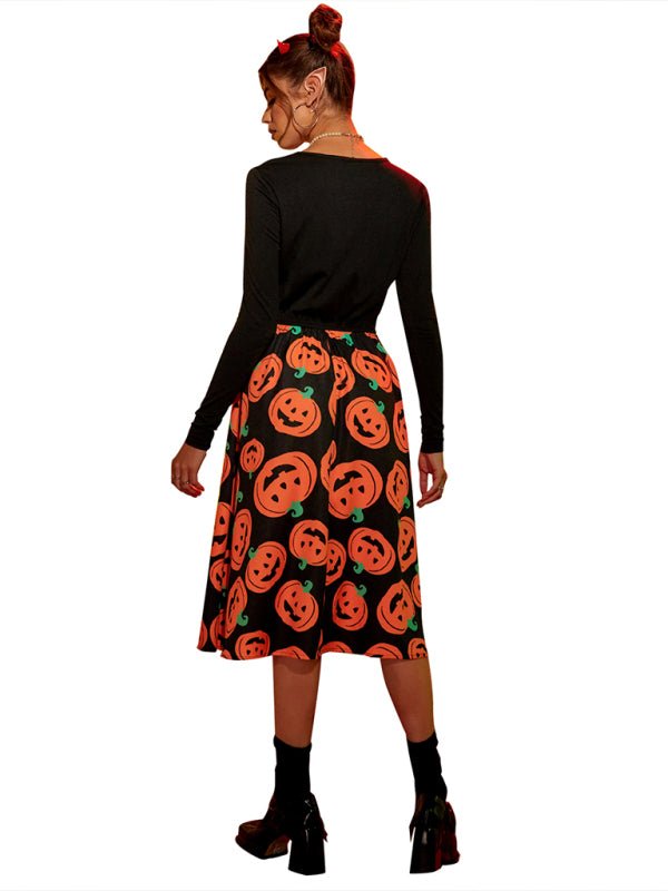 Emilia | Halloween Midi jurk met beangstigende pompoenen print