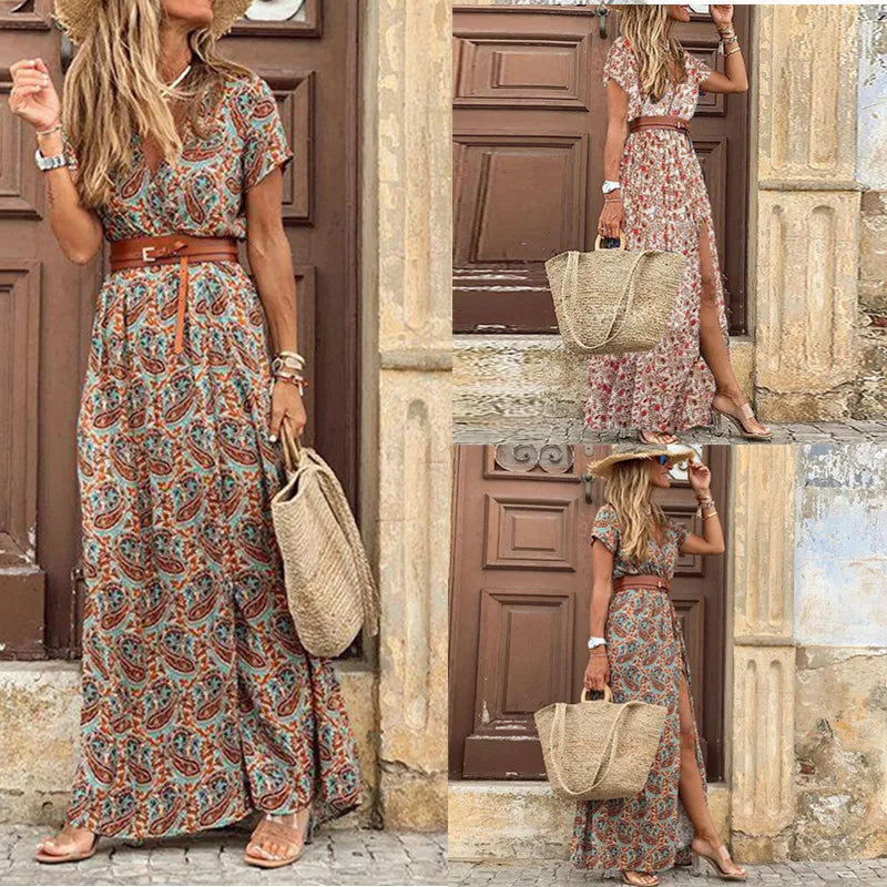 BohoGlam Moda Calda Stile Bohemien Abito a V con Fiori