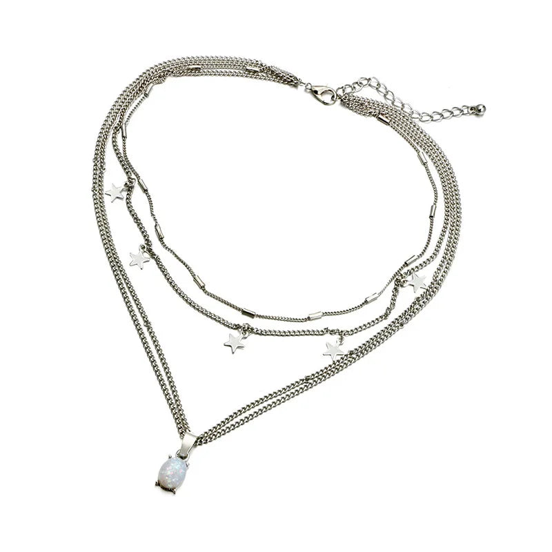 Enchanting Bohemian Glow Multilayer Necklace with Crystal Pentagrams
