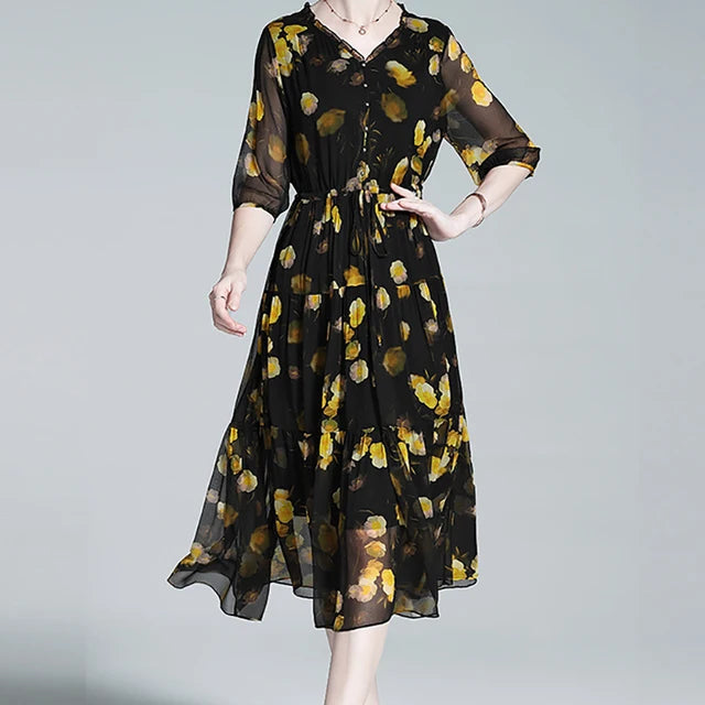 Traumhafte Blumenpracht Chiffon Kleid - Seidiger Sommer Stil