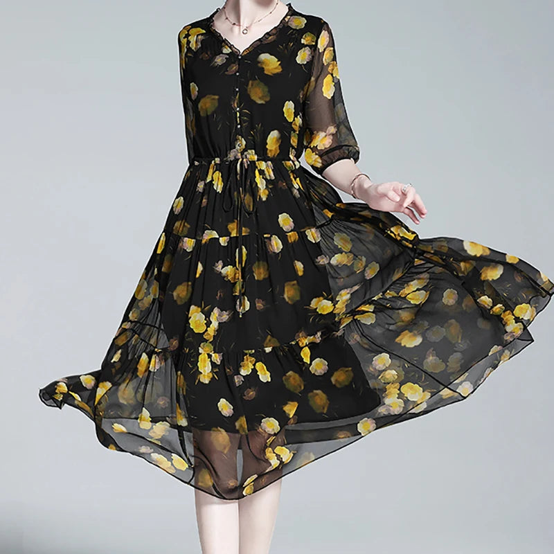 Traumhafte Blumenpracht Chiffon Kleid - Seidiger Sommer Stil