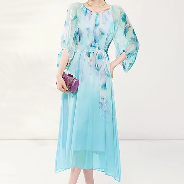 Stilvolles Blumenmuster Lockeres Chiffonkleid von Aurora Mode - Sommerliches Damenkleid für einen bezaubernden Look