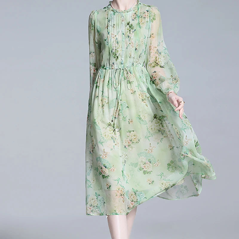 Sommerliche Damen Chic Grün Blumenmuster Chiffon Kleid