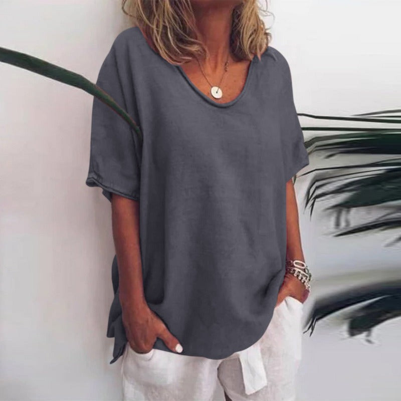 Beatrice Dames Blouse – Ademend Katoen, Korte Mouw V-hals-1