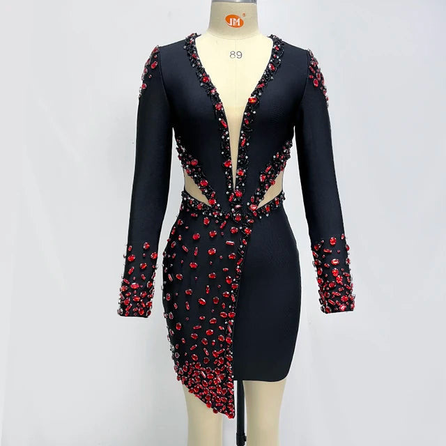 Noir Langarm V-Ausschnitt Kleid für zeitlose Eleganz
