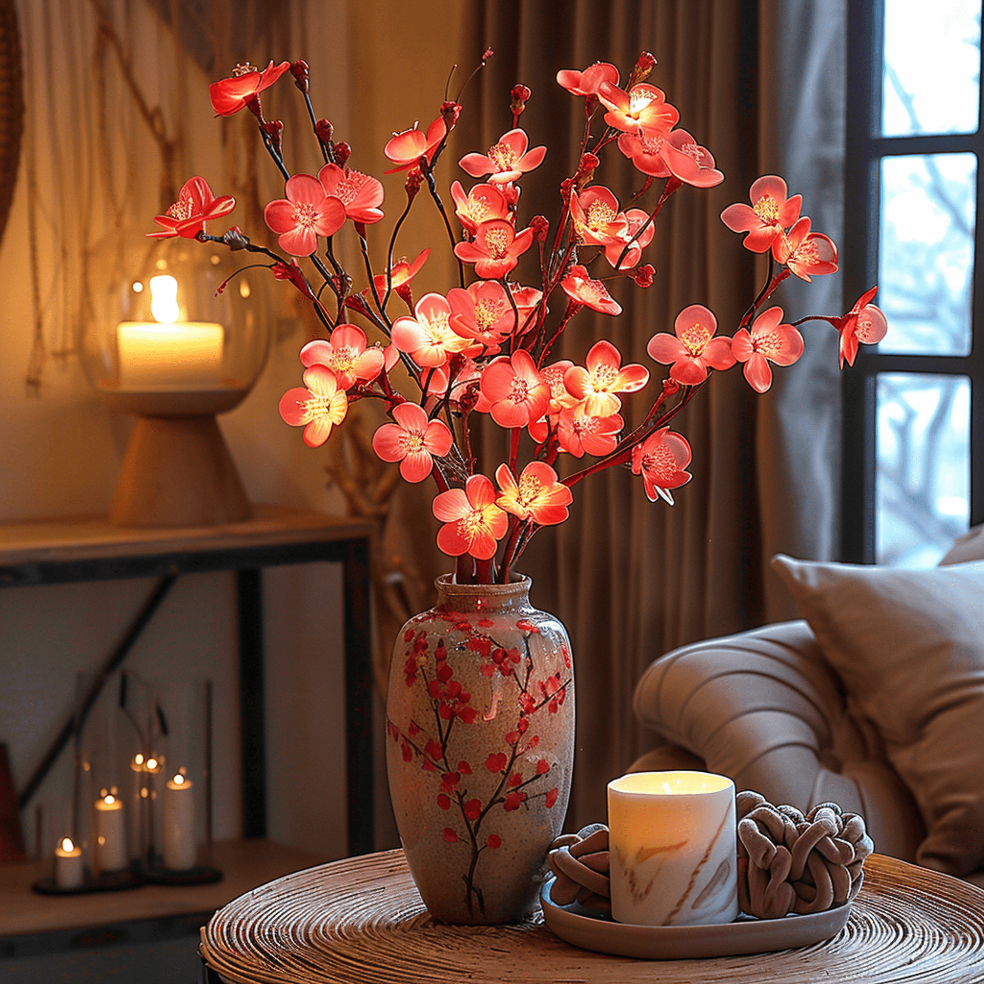 Fairy Light Kersenbloesem van NatuurGlans, een betoverend decoratiestuk met delicate LED-lichtjes geïntegreerd in prachtige rode bloesemtakken. Geplaatst in een sierlijke vaas, voegt deze sfeervolle verlichting een warme en romantische ambiance toe aan elke ruimte, perfect voor een stijlvol interieur.