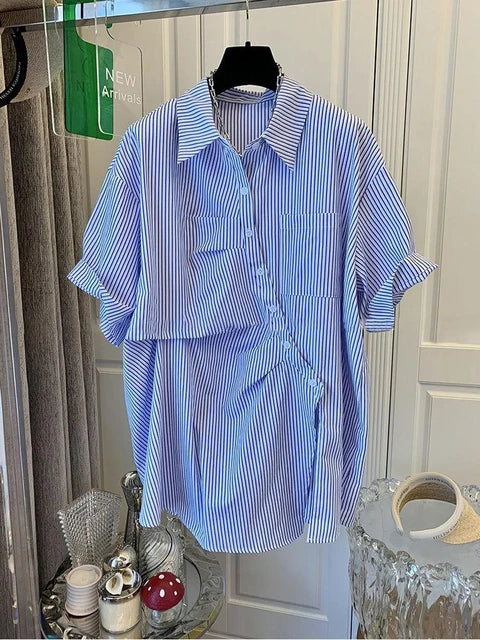 Camicia Top a Maniche Corte Piegate e Spaccate Francese per Donne