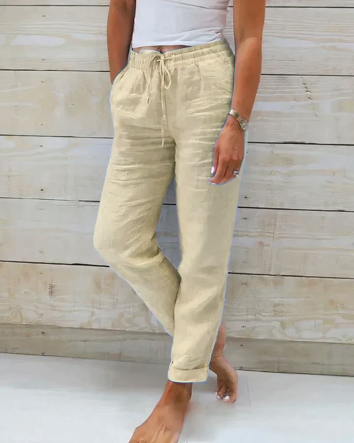Velanora - Pantaloni di lino comodi con fascia alta in vita per donna