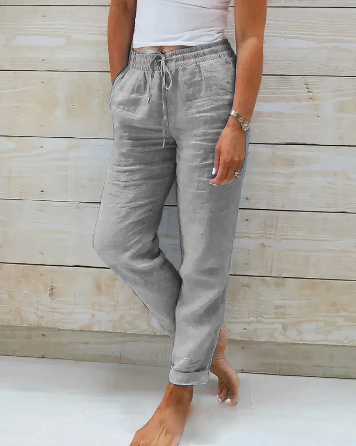 Velanora - Pantaloni di lino comodi con fascia alta in vita per donna